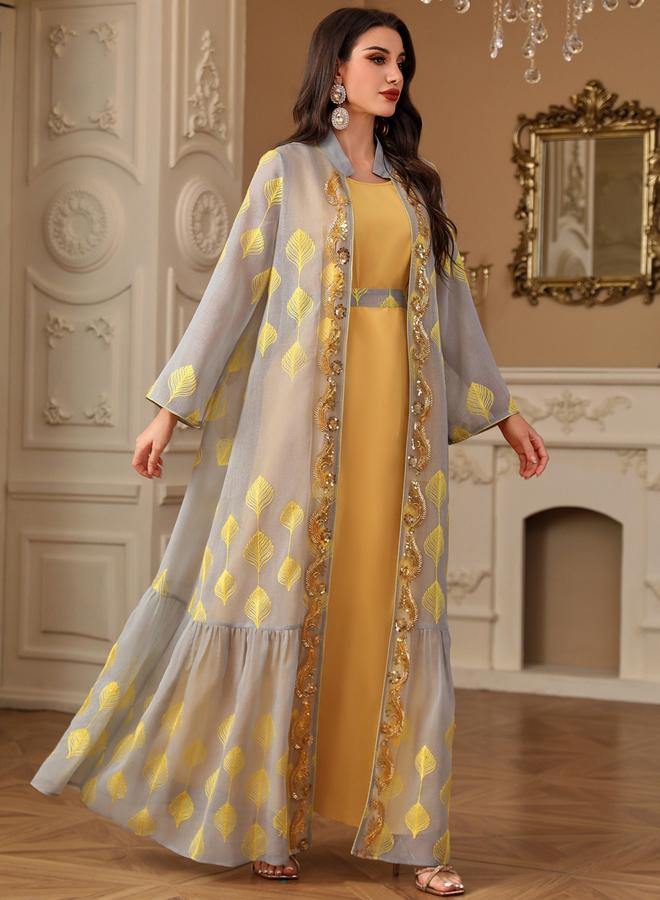 Take Two Women Sequin Patch Detail Belted Kimono with Dress Set - Image 3